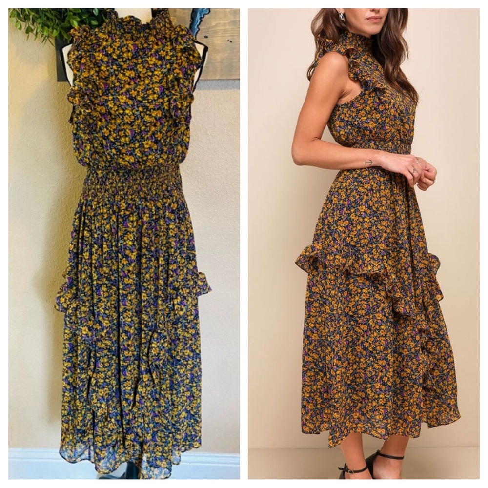 NWOT Evalina Mustard Yellow Floral Print Mock Neck Midi Dress